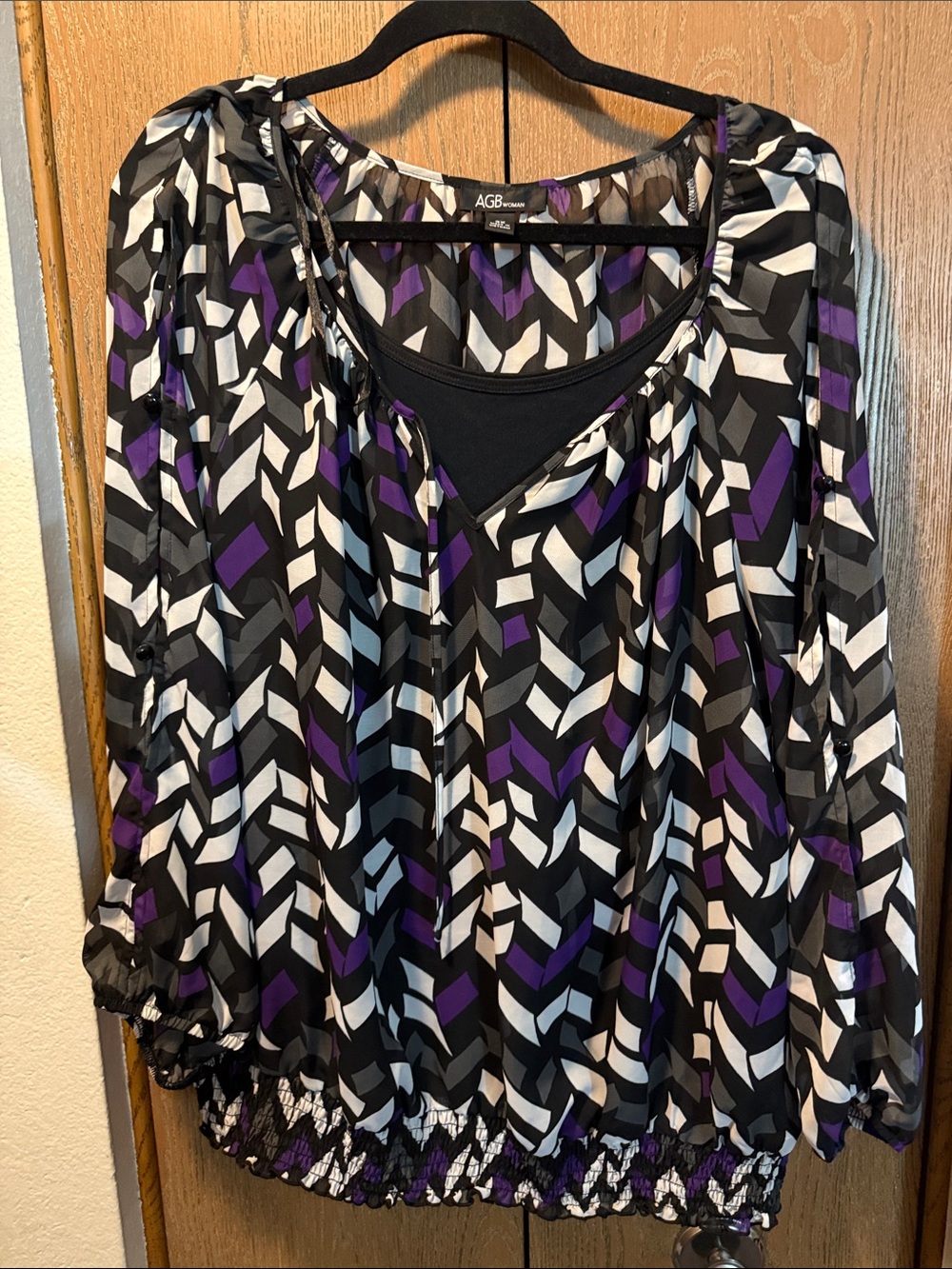 AGB Black, Purple & White Geometric Layered-Look Blouse